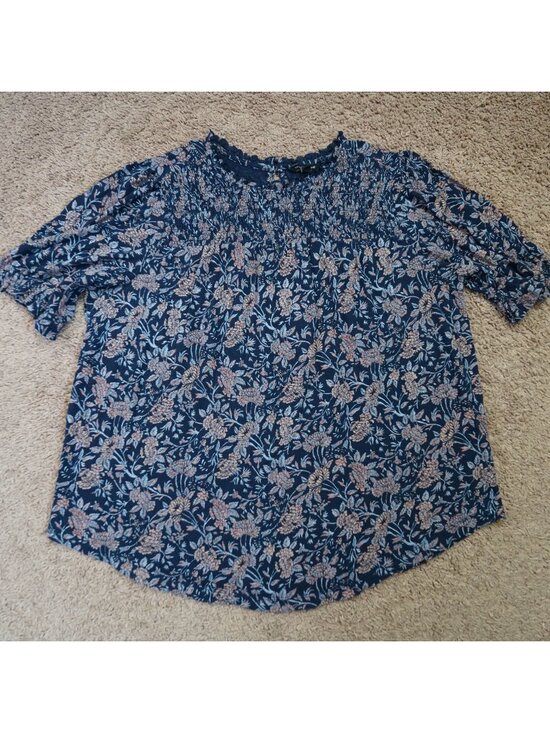 Lucky Brand Tops - Lucky Brand Smocked Blouse Womens L Blue Floral Short Sleeve Boho Peasant Top